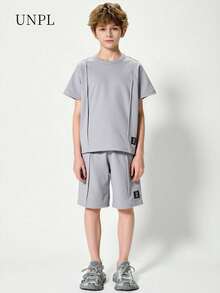 SHEIN Mirajuku 青少年男孩休閒運動風素色圓領短袖T恤與短褲套裝 - 灰色 - 查看 8