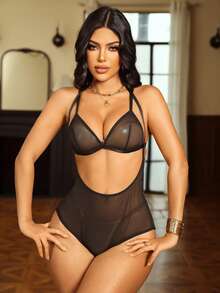 Seduluxe Set de 2 piezas de lencería sexy de malla inalámbrica para mujer - Negro - Ver 3
