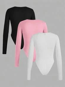 SHEIN Girlism 青少年女孩修身休閒極簡舒適百搭圓領長袖多件式連身褲 - 彩色 - 查看 2