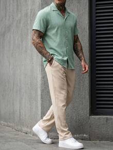 Manfinity CasualCool Men's Solid Color Simple Short Sleeve Shirt And Shorts Set For Daily Wear Mint Green Men Outfit Two Pieces Summer Stripe Button Up Set... - Multicolor - View 3