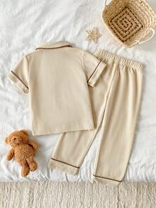 Conjunto de pijama con bordado de oso y textura acanalada, unisex para niños, top de manga corta con solapa + pantalones largos 2 piezas, ropa de estar en casa para bebé primavera/otoño - Multicolor - Ver 2