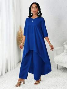SHEIN Lady 四季秋季女裝套裝 白色長袖不對稱兩件式女套裝 秋季女套裝 女式套裝 女裝套裝 - 寶藍色 - 查看 6