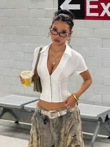 StreetHx Streetwear Summer Women's V-Neck Short Sleeve Shirt - White - View 1