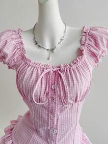 SHEIN Sweetro Women's Plaid Waist-Cinched Ruffle Tie Short Sleeve Blouse - Pink - View 3