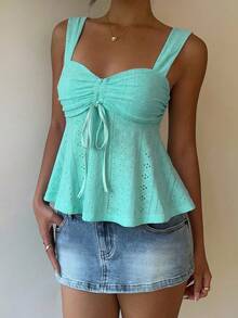 MainGRL Women's Casual Pleated Tie-Up Hollow Back Tank Top,Summer Top - Teal Blue - View 4