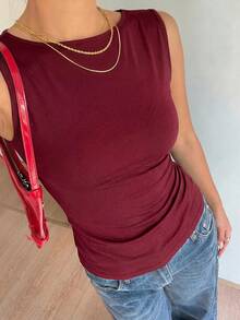 Siren Gaze Women's Summer Sexy Solid Color Backless Sleeveless T-Shirt - Burgundy - View 4