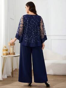 Modelyn Plus Size Women's Dark Blue 3D Floral Decor Mesh Patchwork Round Neck Top And Solid Color Wide Leg Pants 2pcs Set, Party Wedding, Formal, Evening Gown - Navy Blue - View 2