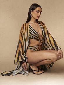 Silquee Spring/Summer Women's Extra Long Sleeve Printed Hollow Out One-Piece Swimsuit Bathing Suit For Women Beach Vacation Party Vacation Brown Sexy - Black - View 6