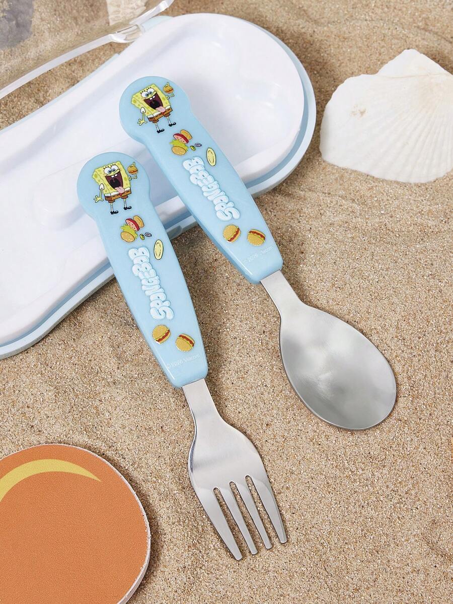 SpongeBob SquarePants | SHEIN 可愛卡通起司造型銀色2件組餐叉匙套組 餐具 - 藍色 - 查看 1
