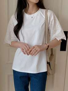 DAZY Women's Solid Color Lace Patchwork Short Sleeve T-Shirt, Casual And Fashionable For Daily Wear - White - View 2