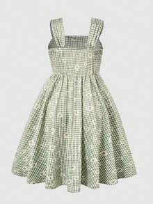 女童水果櫻桃數位印花吊帶洋裝，寬肩帶舒適抓皺可愛外穿裙，夏季熱銷新款，無袖中長版優雅高級休閒洋裝 - 綠色 - 查看 2