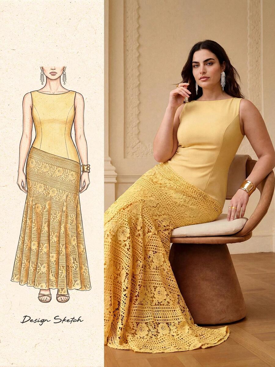 ZEYLAH Elegant Minimalist Fitted Long Mermaid Dress, Spring/Summer - Pale Yellow - View 1