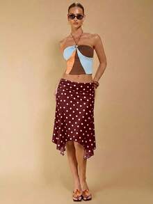 COSMINA 四季春夏女款優雅低腰不對稱裙襬圓點裙，適合通勤、辦公室、約會、婚禮季與婚禮賓客 - 酒紅色 - 查看 4