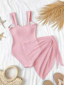 SHEIN 青少年女孩一件式泳衣，紋理布料搭配裙擺網布，適合海灘泳池休閒度假，春夏款 - 淺粉色 - 查看 2