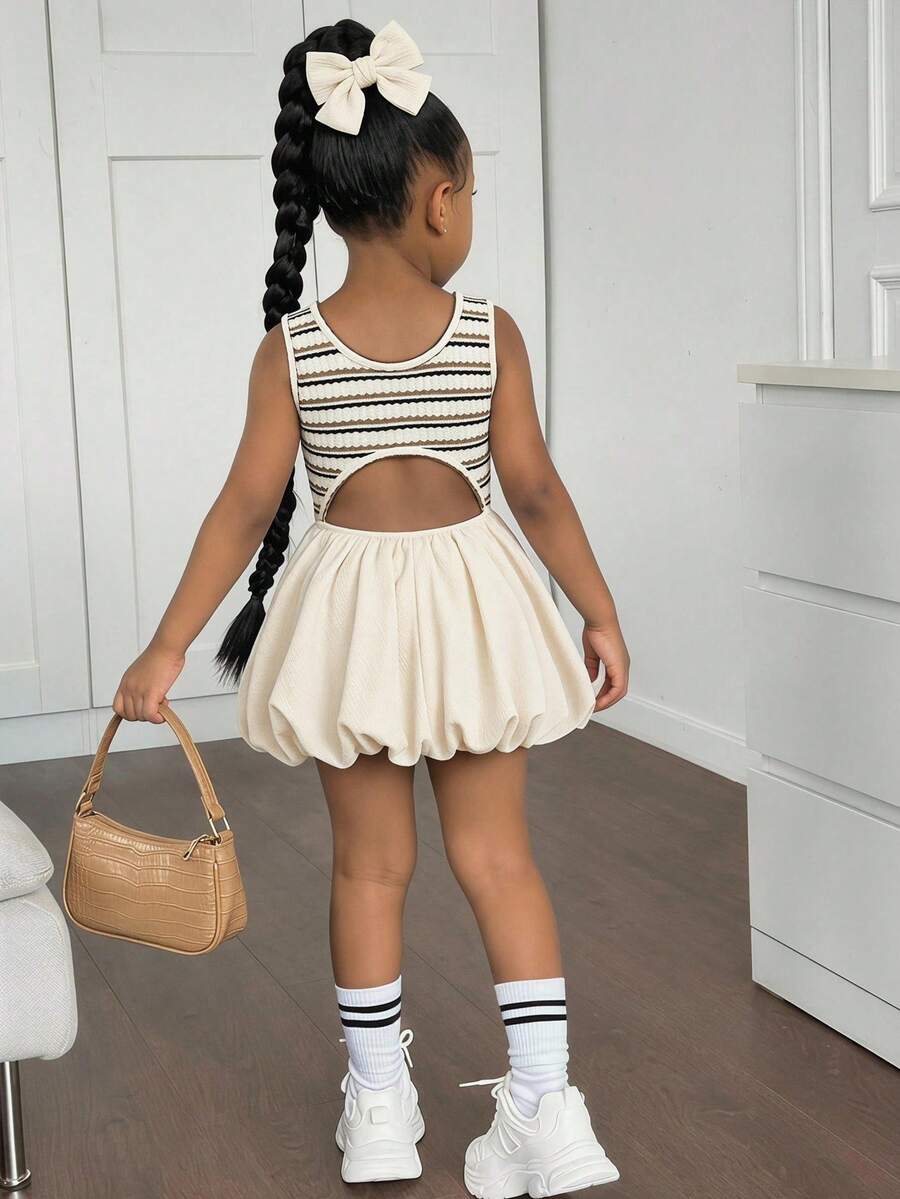 Young Girl Cute Summer Striped Knit Patchwork Hollow Out Sleeveless Dress Mommy And Me Matching Outfits (2 Sets Are Sold Separately) - Multicolor - View 1