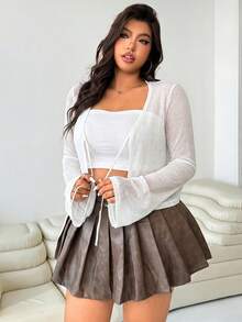Solflare Cardigan Wanita Ukuran Besar untuk Musim Semi/Panas, Kasual, Liburan, Perjalanan Sehari-hari, Minimalis, Serbaguna, Warna Polos, Ikat Depan, Pendek, Semi-Transparan, Musim Gugur - Putih - View 5