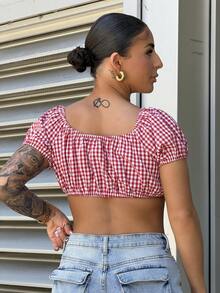 SAYEHFBABY Red & White Plaid Off-Shoulder Tie-Front Cropped Short Sleeve Top, Sexy For Commute & Vacation, Spring/Summer/Autumn - Red and White - View 2