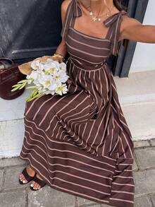 Siren Gaze Women's Vacation Casual Boho Brown Striped Dress Vacation Summer - Brown - View 7