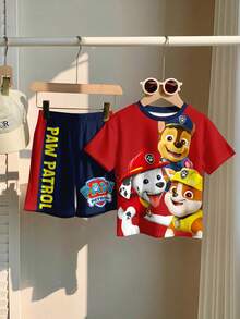 SHEIN | PAW Patrol 小男孩休閒簡約風，寬鬆舒適，經典可愛卡通動畫圖案印花，可愛小狗圓領短袖T恤與短褲2件組，適合春夏季 - 彩色 - 查看 5
