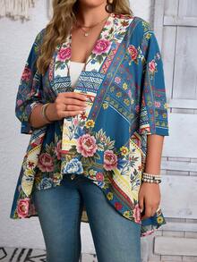 EMERY ROSE Plus-Size Vacation Casual Retro-Style Printed Cardigan, Summer And Early Autumn Sun Protection Lightweight Jacket, Retro And Fashionable Fall - Multicolor - View 6