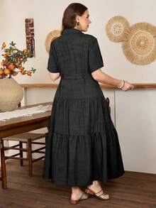 Lacomfia Elegant Waist-Defining Short Sleeve Split A-Line Plus Size Dress, Suitable For All Occasions In Spring And Summer - Black - View 2