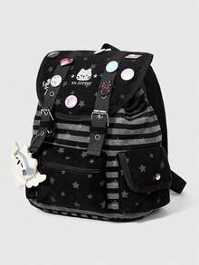 ROMWE Anime Punk Academy Wind Wings Kitten Badge Decorative Striped Stars Backpack Fashion Casual Unisex Large Capacity Backpack Suitable For Commuting, School - Star gray - View 2