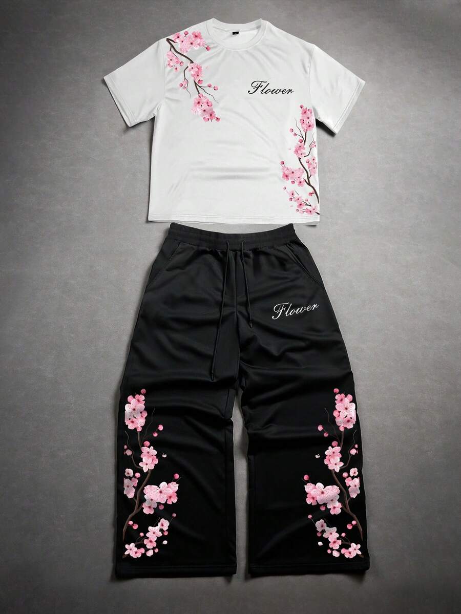 Manfinity EMRG 男士休闲樱花印花圆领短袖T恤短裤套装，夏季