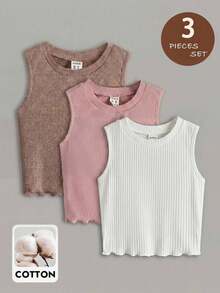 SHEIN Young Girl Knit Solid Color Round Neck Casual Tank Top 3pcs Set - Multicolor - View 2