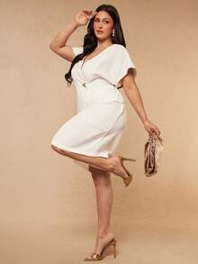SHEIN BAE CURVE Plus Size Women's White Batwing Short Sleeve Blazer And Shorts 2 Pieces Set Office Party Summer Casual Elegant - White - View 5