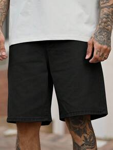 Devon Thys Men's Loose Casual Pocketed Wide Leg Denim Shorts Jorts - Black - View 6