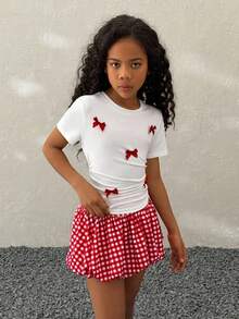 Tween Girls Spring Casual Crew Neck Short Sleeve Bow Top,Basic Knit Stretchy Comfortable Rad Plaid Bubble Skirts - Multicolor - View 3