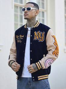 Devon Thys Aesthetic Post--Men's Solid Color Patchwork Front Button Letter Print Casual Baseball Jacket, Going Out Street Wear Long Sleeve Rave Color Block Jacket, For Friends, Husband, Boyfriend Gifts, For Fall - Multicolor - View 3
