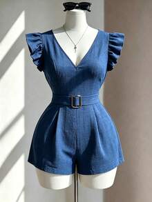 GlowEve Combinaison décontracté pour femmes avec encolure en V, manches courtes et boucle métallique à la taille - Bleu azur - Voir 4