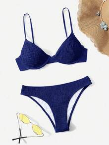 Swim Basics Bikini Swimwear With Underwire, Soft Shirred, No Need To Choose Bra Type - Navy Blue - View 3