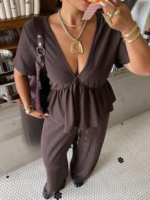Muchica 2pcs Plus Size Women Textured Ruffle Hem T-Shirt And Drawstring Waist Casual Pants Set - Black - View 6