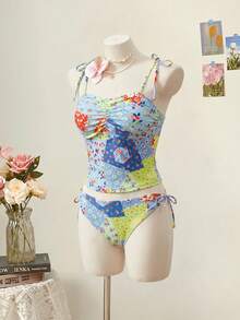 SHEIN MOD 女款度假海灘碎花泳衣套裝 - 彩色 - 查看 3