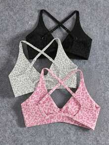 Velisys Velisys 3pcs Seamless Athleisure Yoga Sports Bra Twist Design Front Versatile For Sports And Daily Wear Gym Pink Leopard Print - Multicolor - View 3