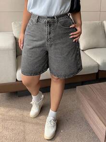 Dazy Plus 深蓝色水洗蝴蝶结刺绣后袋阔腿百慕大牛仔短裤，春夏款 - 深灰色 - 查看 2