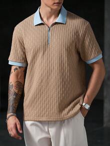 Manfinity CasualCool 男士休閒紋理拉鍊半開襟短袖對比色 Polo 衫 - 卡其色 - 查看 4