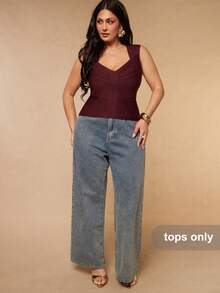 SHEIN BAE CURVE Plus Size Women's Burgundy Bandage Top, Summer Outfits, Independence Day, 4th Of July, Elegant, Bandage Top - Burgundy - View 4