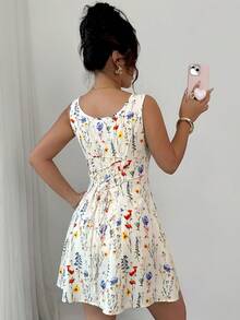 Rafferiza Ditsy Floral Square Neck Tie Waist A-Line Sleeveless Dress For Women - Multicolor - View 2