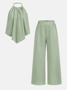 SHEIN Ensemble 2 pièces débardeur à col licou ample + pantalon long pour adolescentes, décontracté, à la mode, polyvalent, fête, streetwear, séance photo entre sœurs, sortie au parc, camping, vacances, décontracté quotidien - Vert - Voir 11