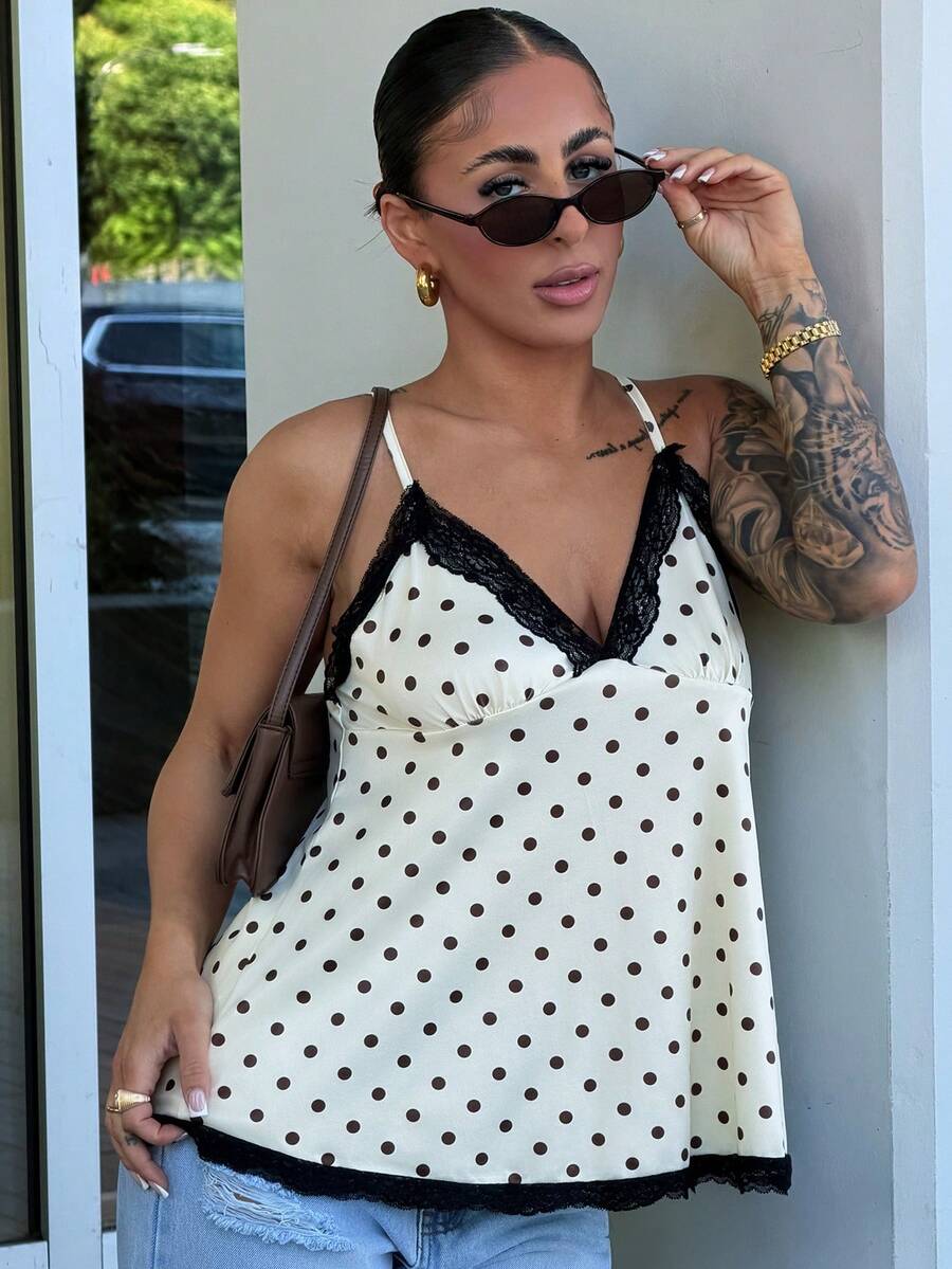 SAYEHFBABY Women's Casual Chest Ruched Babydoll Lace Patchwork Bodycon Tank Top, Suitable For Daily Wear,Summer Top Vacation - Multicolor - View 1