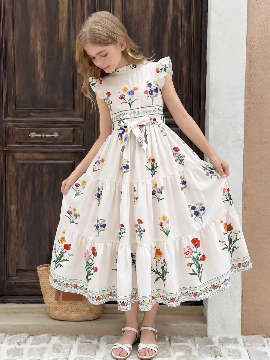 SHEIN Váy ngắn tay in độc quyền thắt nơ thời trang thanh lịch cho bé gái tuổi teen - trắng - Xem 1