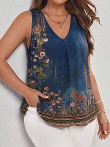 SHEIN LUNE Plus Size Women's Floral Print V-Neck Casual Tank Top For Vacation - Multicolor - View 4