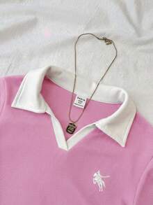 SHEIN Tween Girl Tween Girls Rose Red And White Collar Knit Casual Colorblock Patchwork Fitted Waist T-Shirt Top With Small Logo Embroidery - Hot Pink - View 3