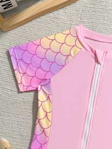 Traje de baño de una pieza con patrón degradado, cremallera delantera y manga corta para niñas - Rosa - Ver 3
