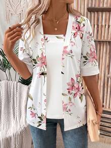EMERY ROSE 夏季女款花卉葉子印花拼接 2合1 T恤圖案上衣女裝上衣 - 彩色 - 查看 4