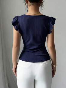 Elenzga Women's V-Neck Short Sleeve Solid Color T-Shirt Casual Daily - Navy Blue - View 6