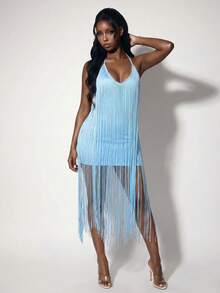 Amplova Träger mit Quasten, rückenfreies, pfirsichförmiges Büstenkleid ohne Ärmel, sexy Mini-Kleid für den Urlaub - Blau - Übersicht 5